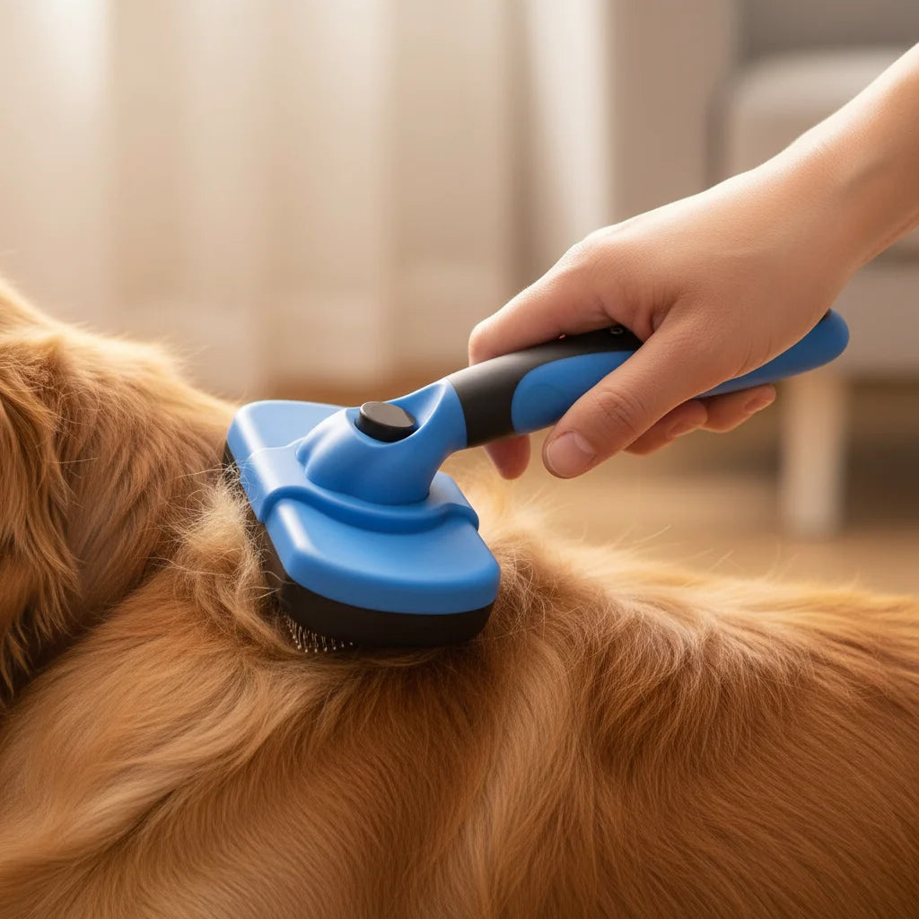 Close-up of ergonomic pet grooming brush handle, showing comfortable grip for dog and cat owners