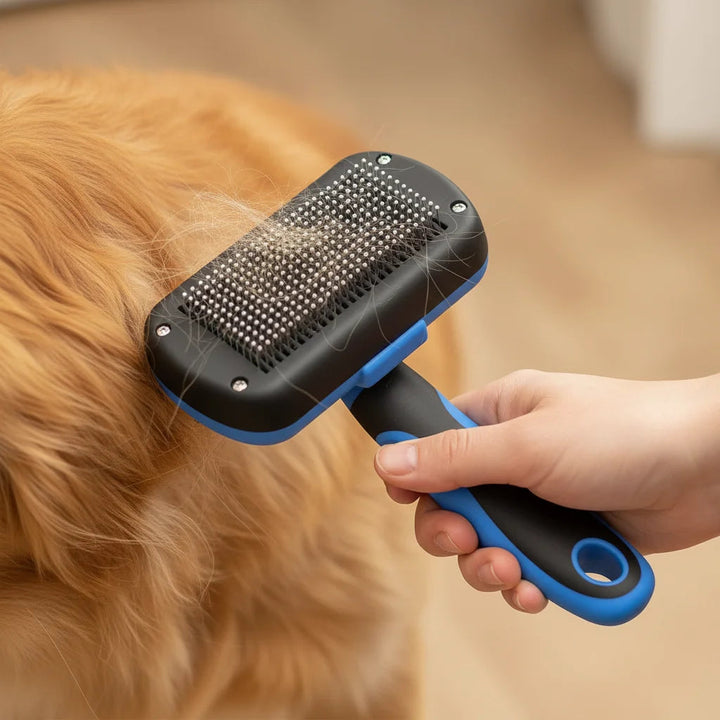 Pet grooming brush in action, gently removing tangles from a cat's fur, self-cleaning
