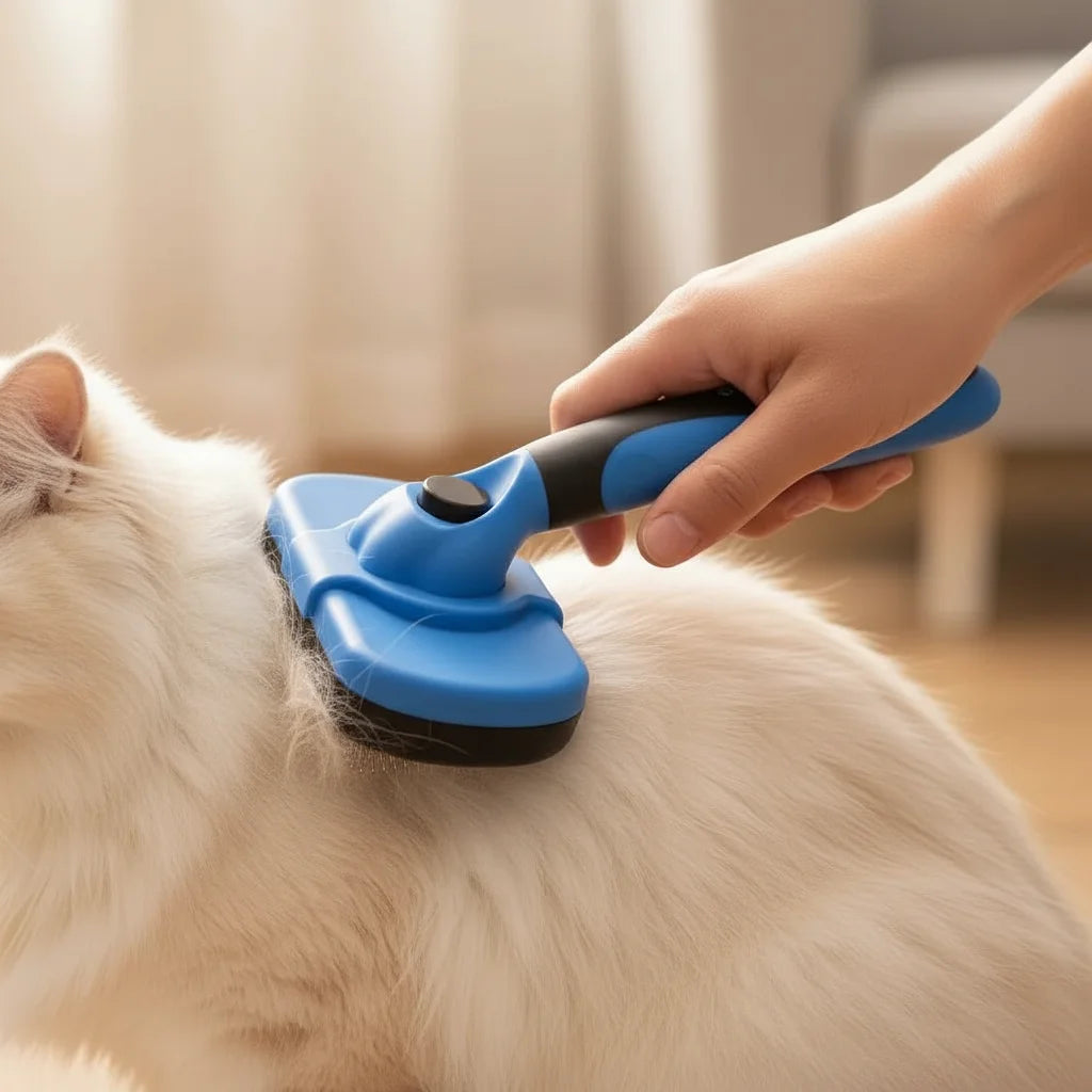 Dog being groomed with a unisex ergonomic pet brush, promoting healthy coat and pet care