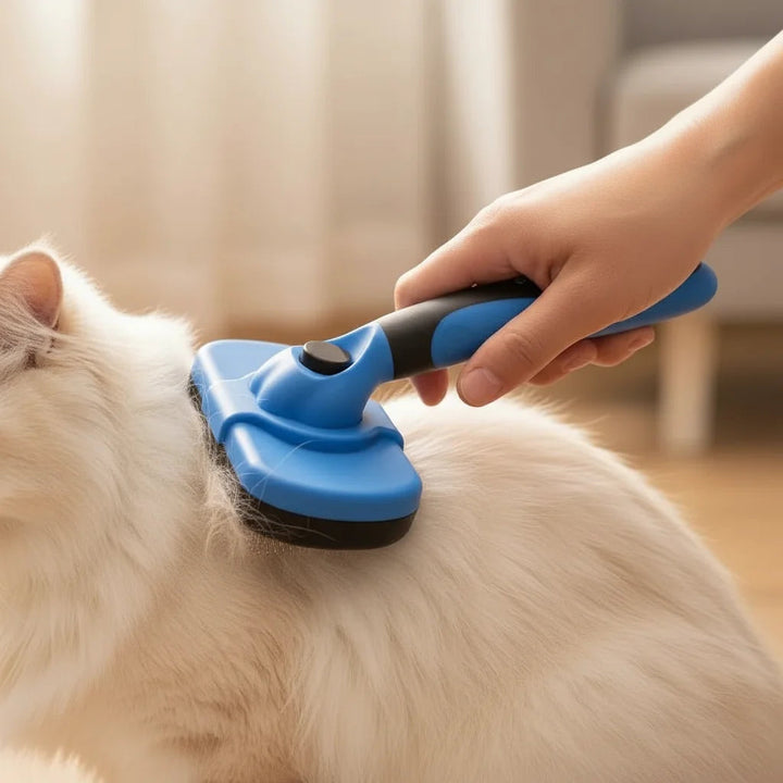 Dog being groomed with a unisex ergonomic pet brush, promoting healthy coat and pet care