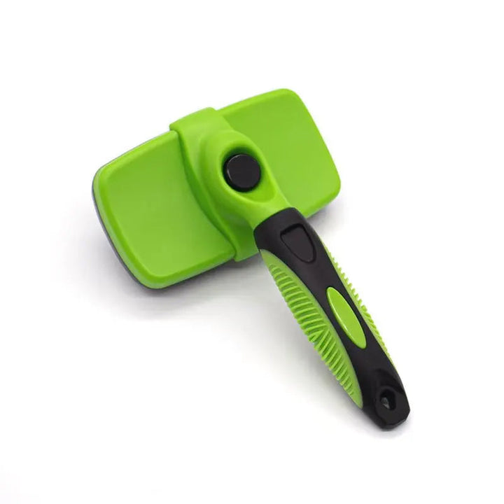 Self-cleaning pet brush for dogs and cats, showcasing button for easy hair removal, pet supplies