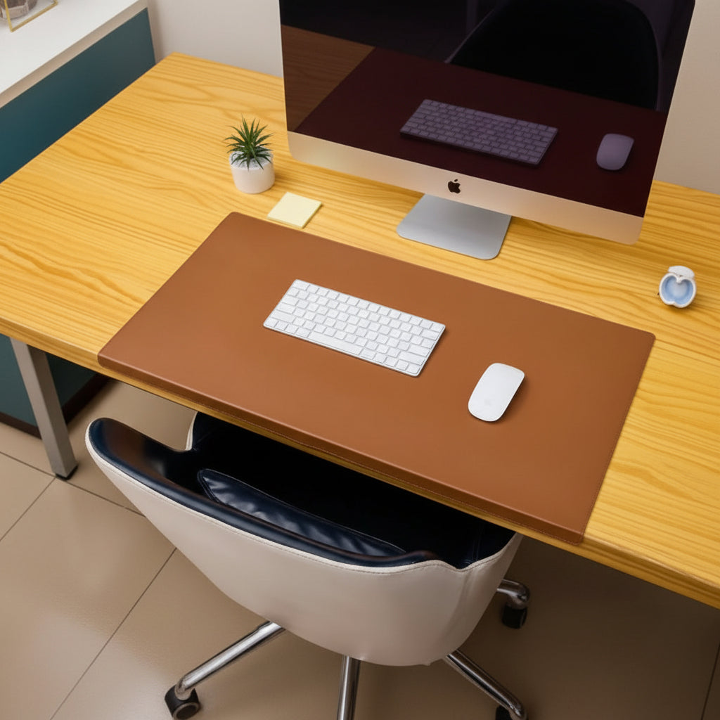 Premium unisex ergonomic PU leather desk mat with integrated wrist support, essential office supply.