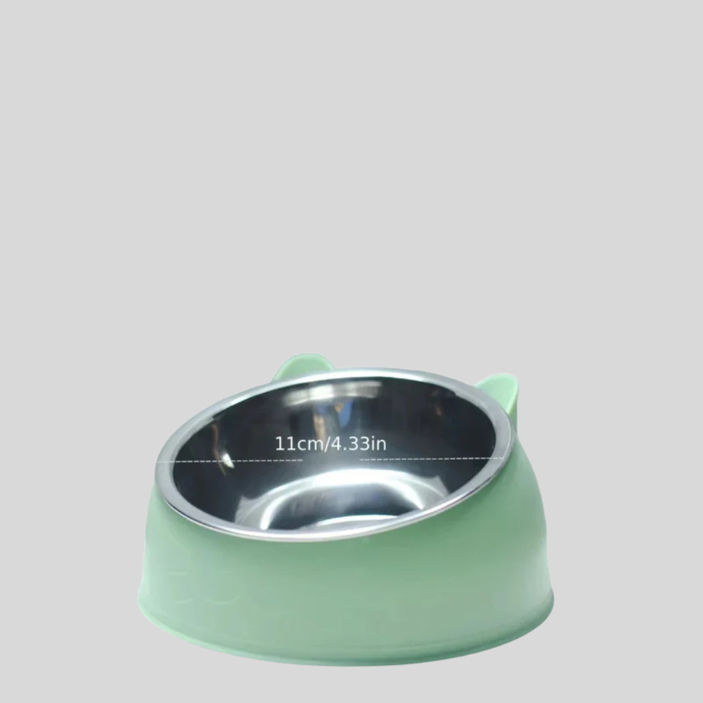 Two ergonomic raised cat bowls on a mat, promoting better posture for felines