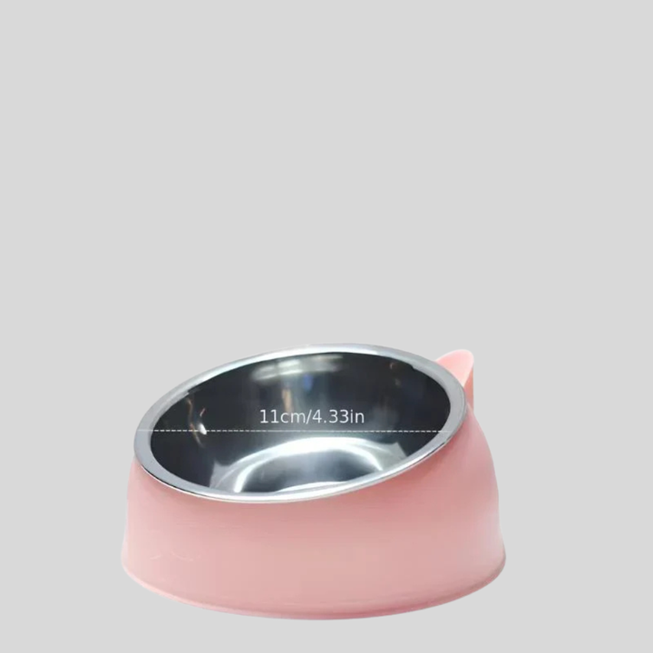 Close-up of a single elevated cat food bowl with a wide, shallow design