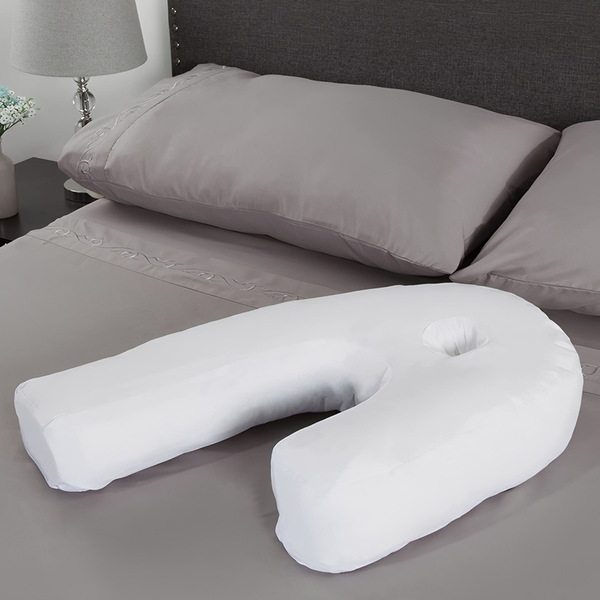 Orthopedic side sleeper pillow featuring an ear hole, designed for neck & back support & enhanced sleep comfort.