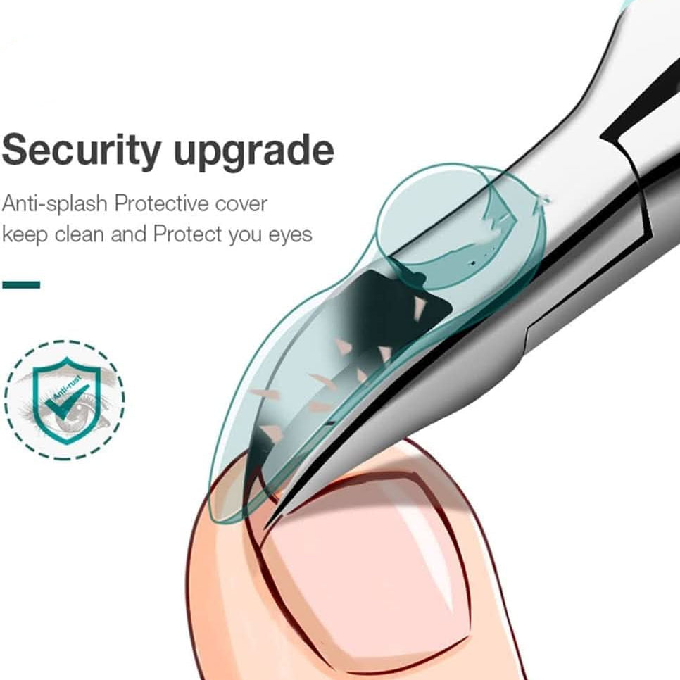 Precise anti-splash stainless steel toenail clipper, ergonomic design for seniors with thick or ingrown nails.