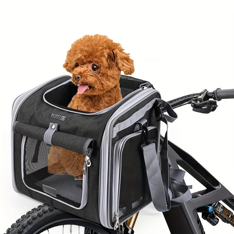 Expandable dog bike carrier basket for small pets with breathable mesh, quick release, and safety leash