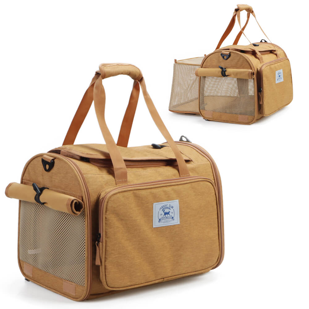 Expandable pet carrier travel bag for cats & small dogs, side extended, breathable mesh windows