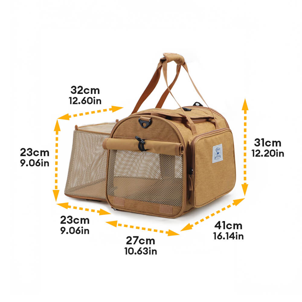 Black expandable pet carrier for small dogs, showing the sturdy base and anti-slip feet