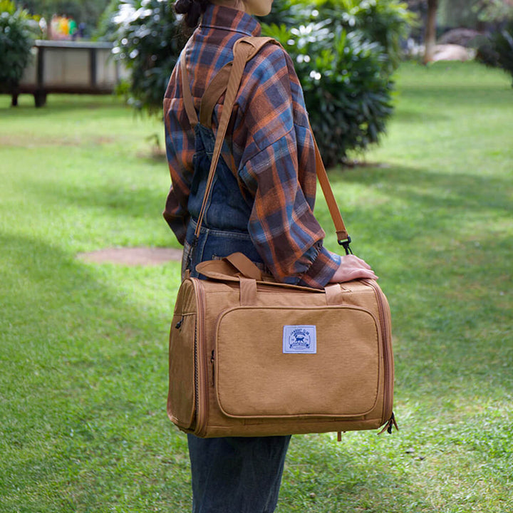 Front view of expandable pet carrier, strong zipper, and spacious interior for pet comfort