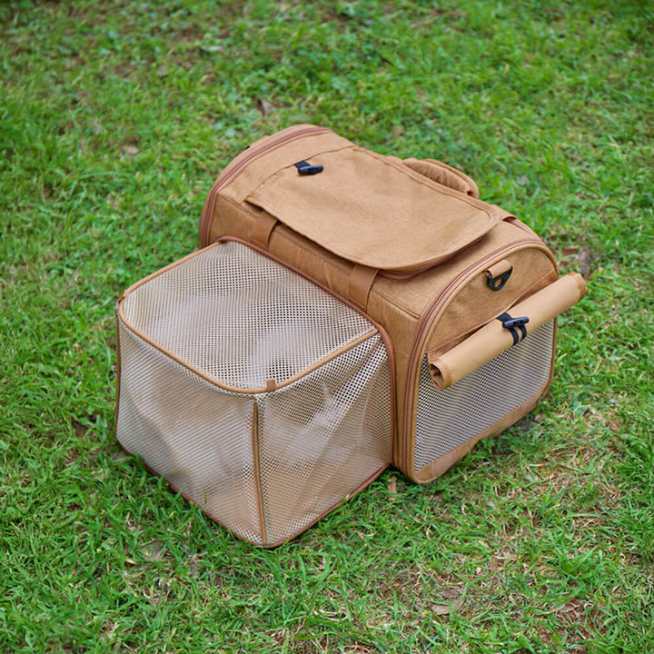 Close-up of durable, chew-resistant mesh window on an expandable pet travel carrier