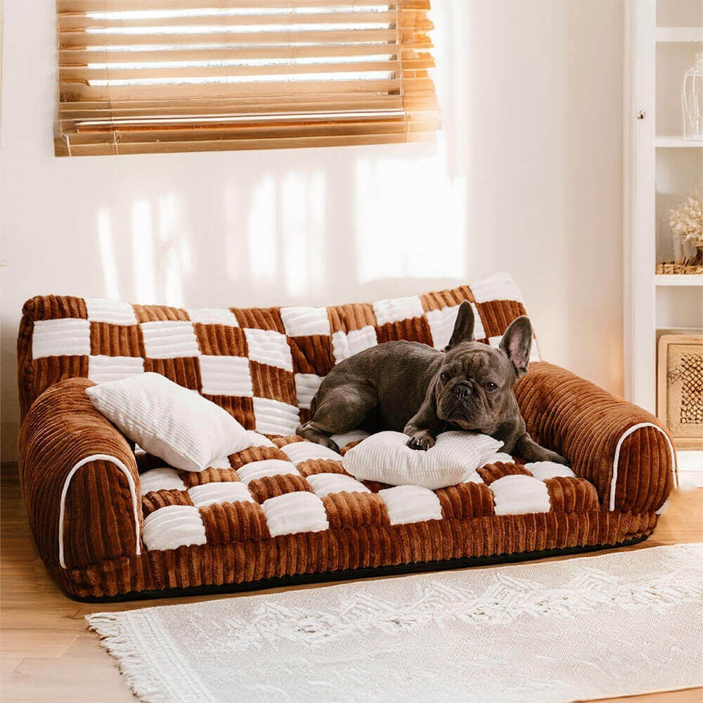 Extra large brown orthopedic dog sofa bed with plush comfort for large breeds, washable cover