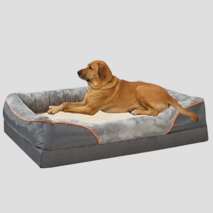 Orthopedic memory foam dog bed for large pets, featuring a soft bolster and washable cover for easy care.