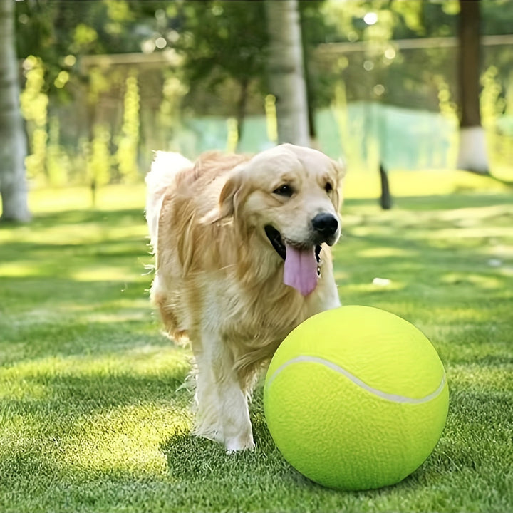 Durable extra large tennis ball, bright yellow, designed for big dogs' fetch games and exercise.