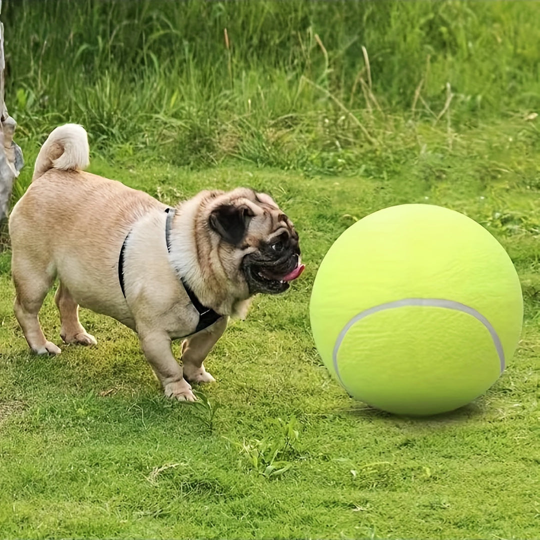 High visibility extra large tennis ball a robust dog toy for large dogs, encouraging pet exercise.