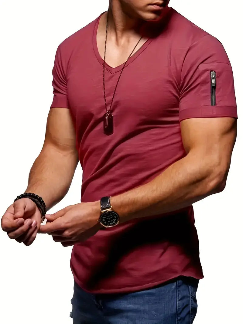 Everyday wear men's V-Neck tee, athletic fit, with a useful zipper pocket. Modern casual style.