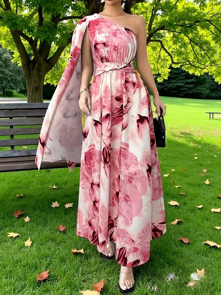 Women's one-shoulder floral maxi dress. Perfect for wedding guests, formal events, and special occasions.