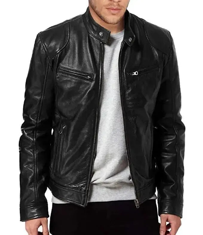 Classic men's black motorcycle jacket, timeless design. Rugged leather outerwear for a stylish and modern fit.