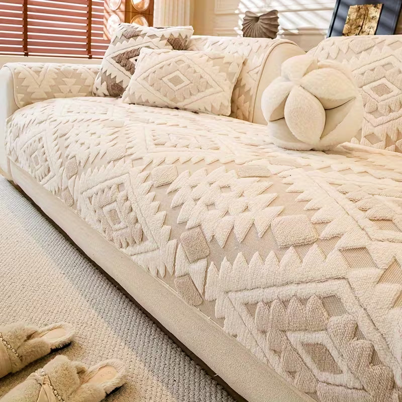 Geometric Plush Sofa Cover for Pet-Friendly Homes