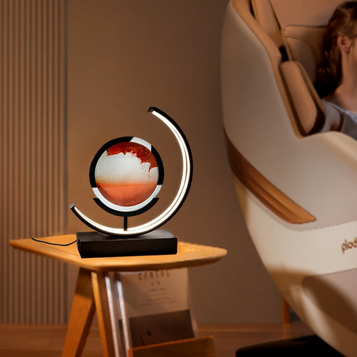 Mesmerizing LED hourglass lamp with flowing sand art, a captivating piece for any space.