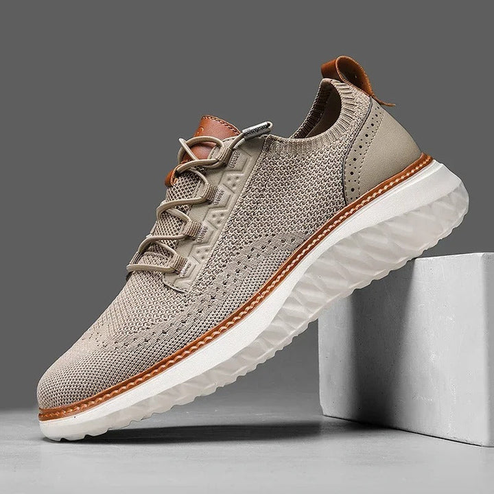 Khaki Men's Kingsley knit sneakers, comfortable & breathable, with stylish leather details.