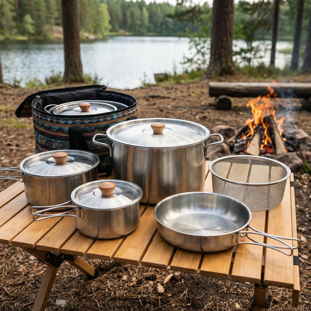 Family outdoor cookware set for camping, including stainless steel pots, pans, and utensils for camp meals.