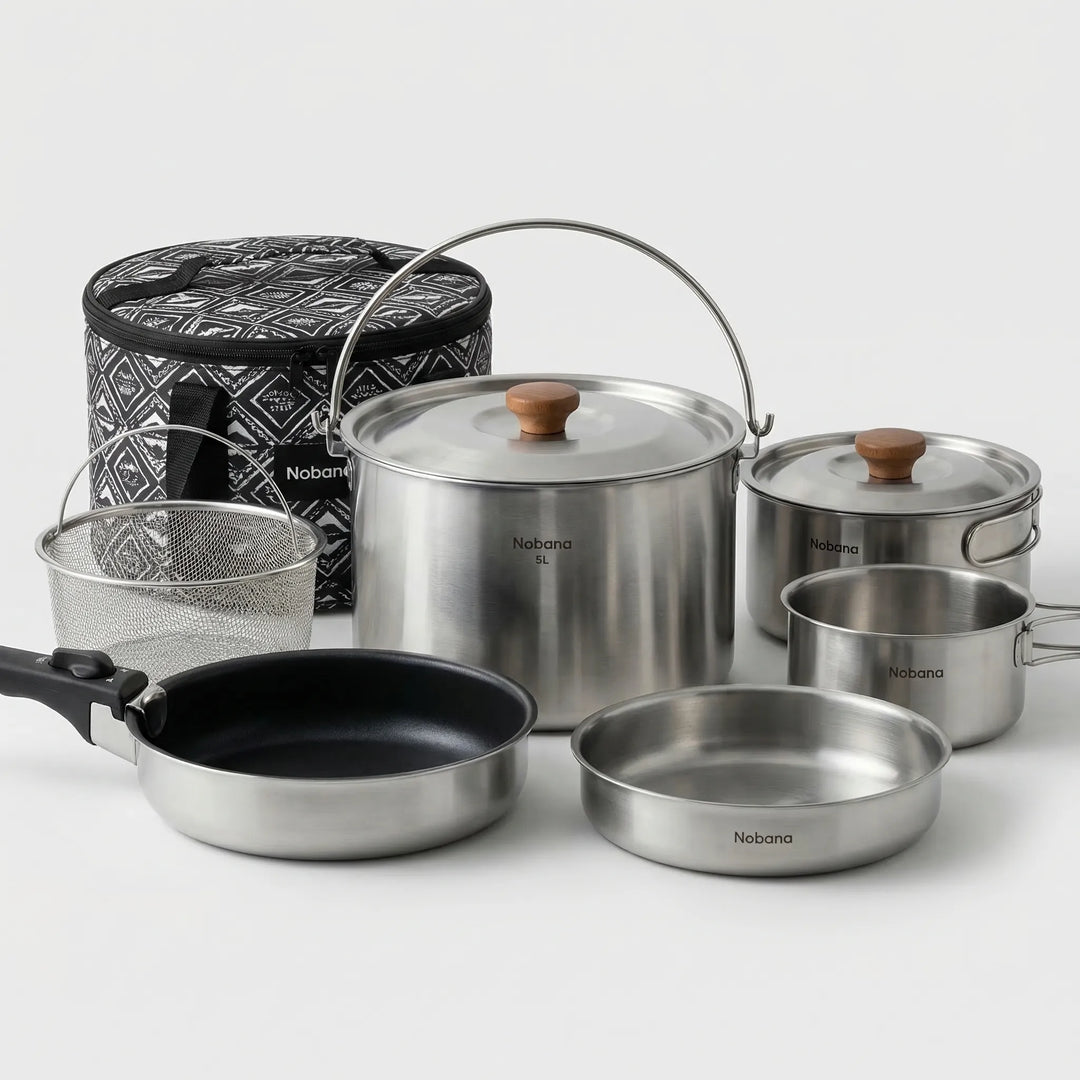 Portable camping kitchen set, compact and lightweight for family hiking, backpacking, and outdoor adventures.