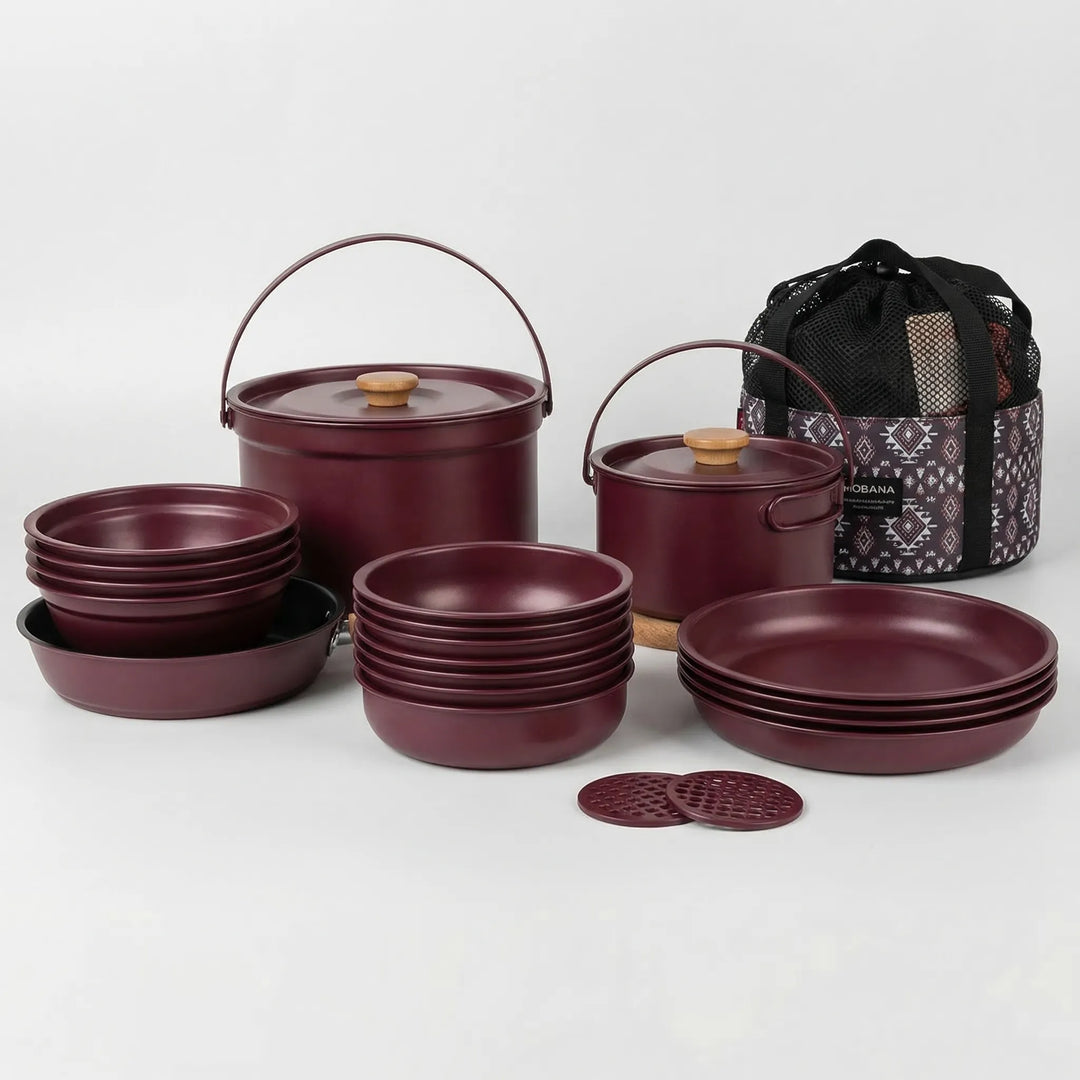 Ergonomic family camping kitchen set with heat-resistant handles, safe and efficient for outdoor cooking.