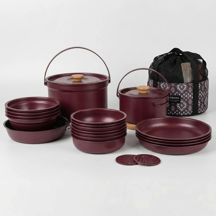 Ergonomic family camping kitchen set with heat-resistant handles, safe and efficient for outdoor cooking.