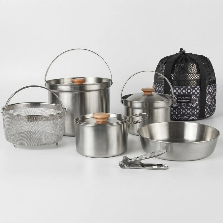 Compact & complete outdoor cookware set in a carry bag, ready for family camping, hiking, and travel.