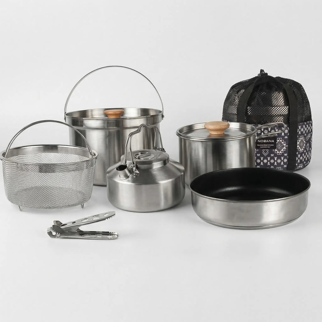 Versatile family outdoor cookware set, enabling diverse camp meals, from boiling water to frying food.