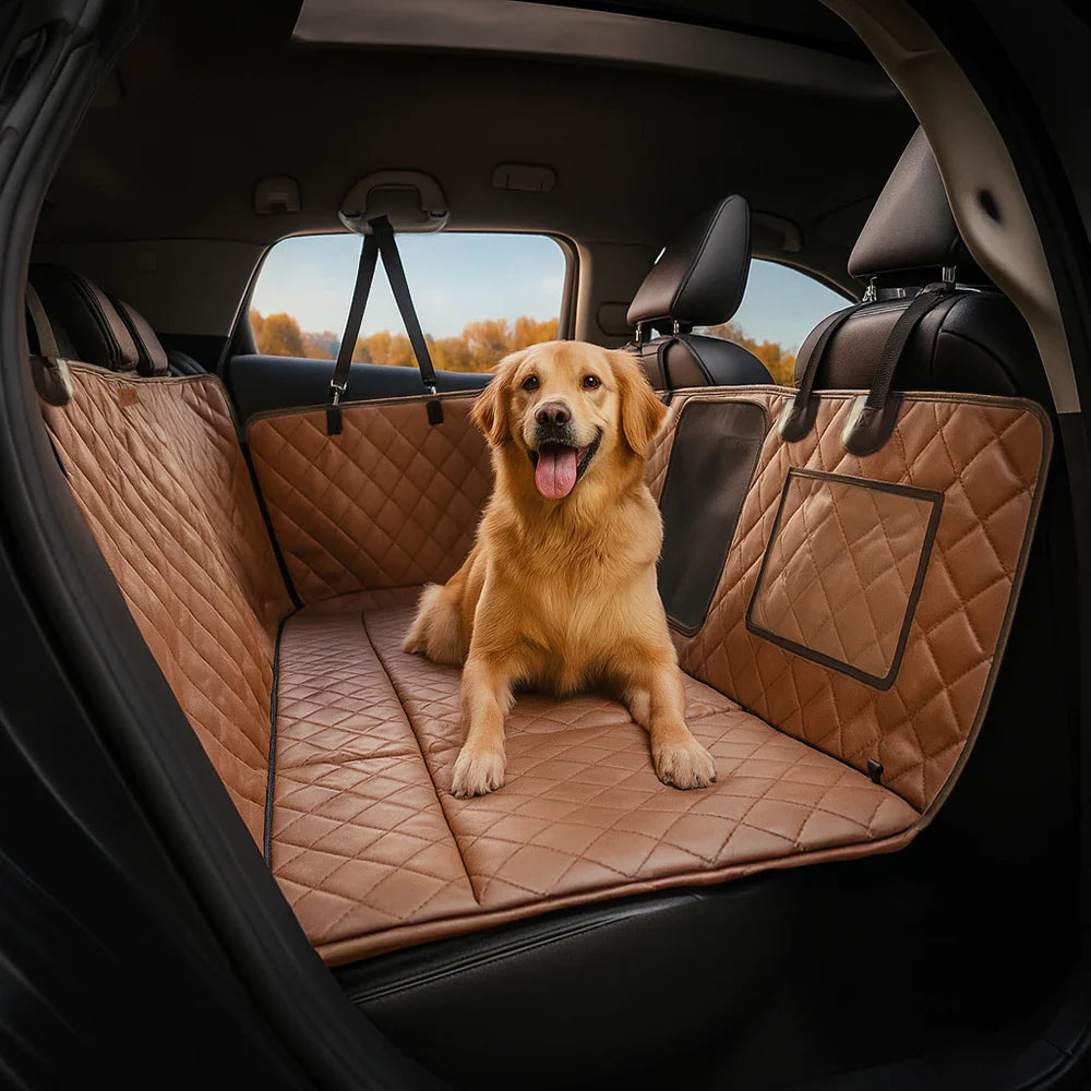Faux leather dog car seat cover, waterproof pet hammock for back seat protection.