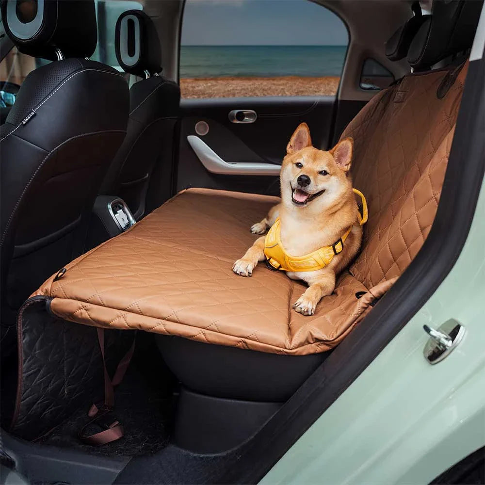 Dog friendly car accessory: water-resistant faux leather seat cover for pet travel.