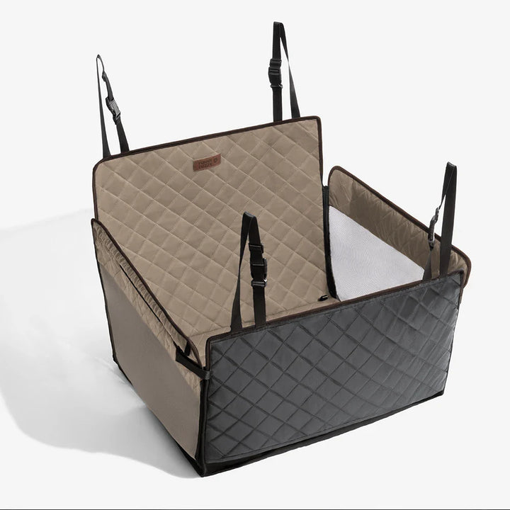 Travel with dog: waterproof faux leather car seat cover, easy clean pet accessory.