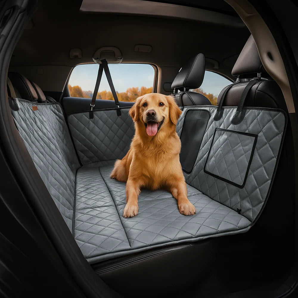 Secure faux leather dog car seat cover, hammock style for pet safety.