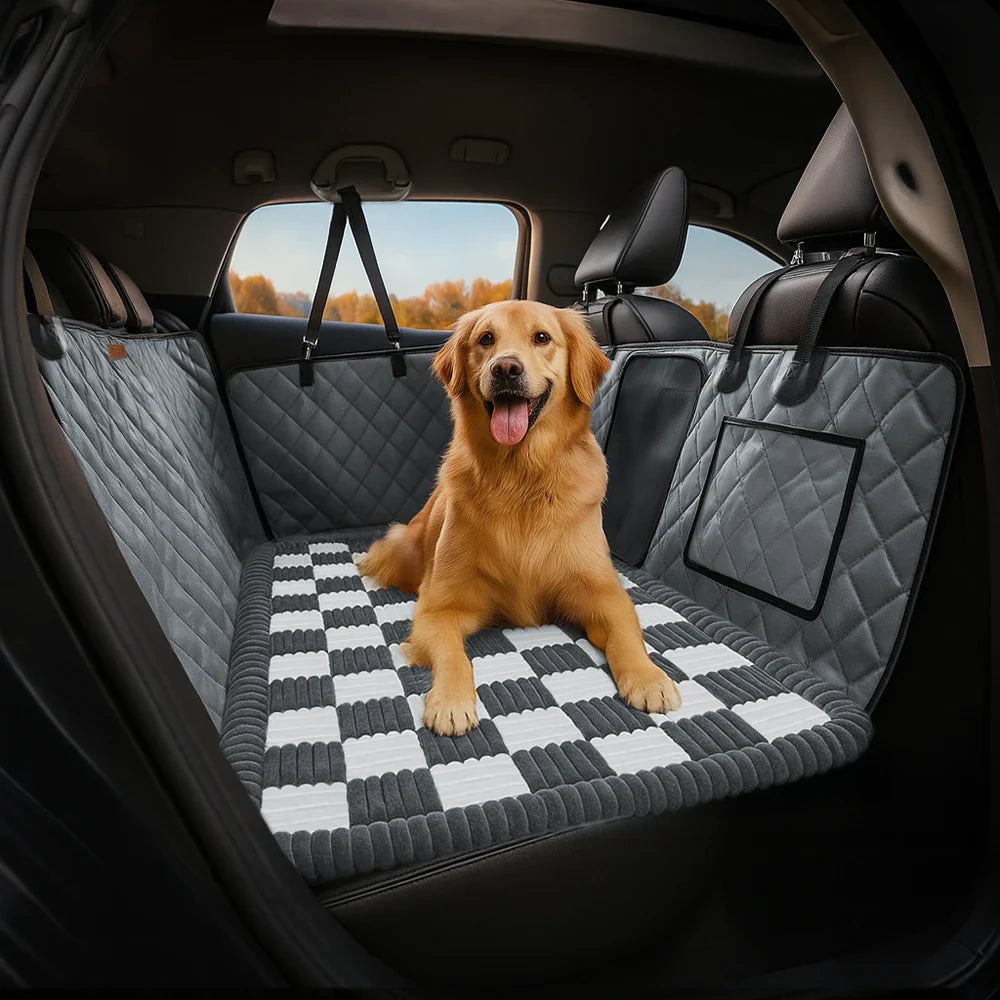 Close-up of faux leather dog car seat cover, showing stitching and material quality.