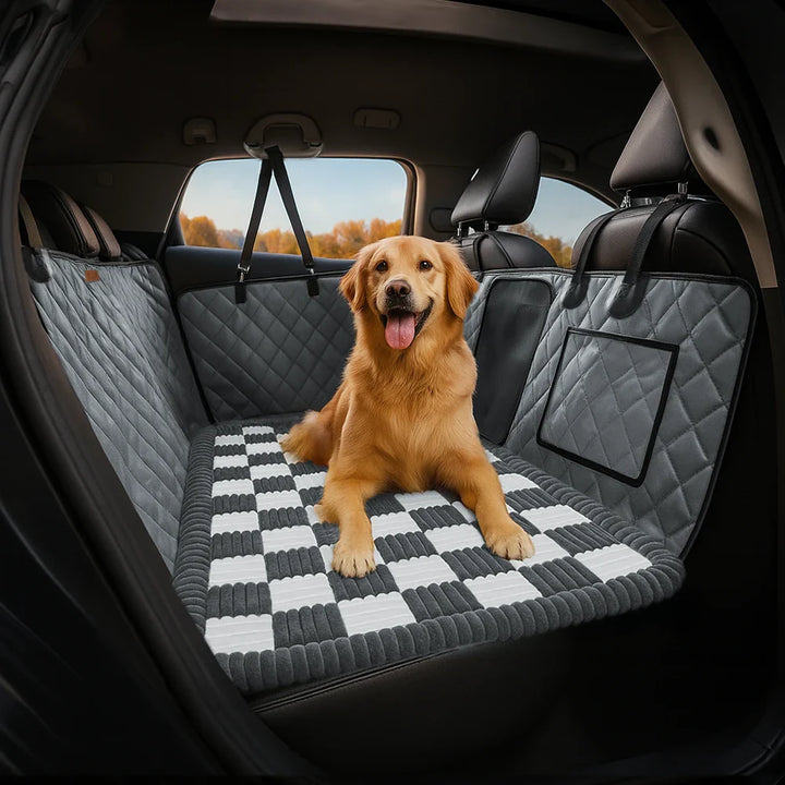 Close-up of faux leather dog car seat cover, showing stitching and material quality.