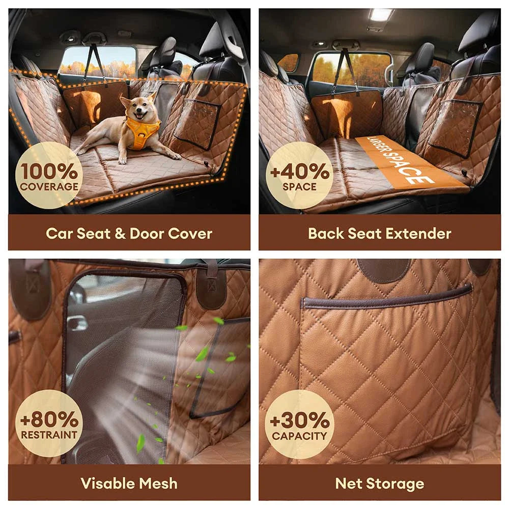Luxurious faux leather dog car seat cover, water-resistant for pet travel.