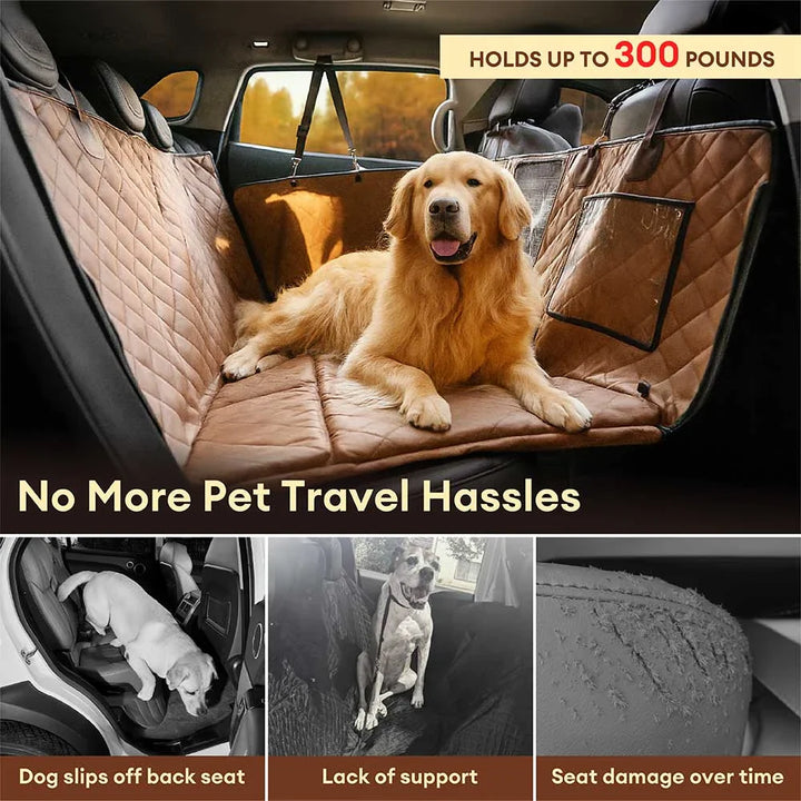 Full view of black faux leather dog car seat hammock, protecting back seats.