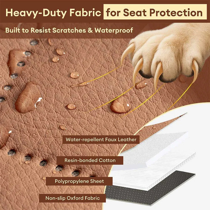 Waterproof dog car seat cover in faux leather with non-slip backing, easy clean.