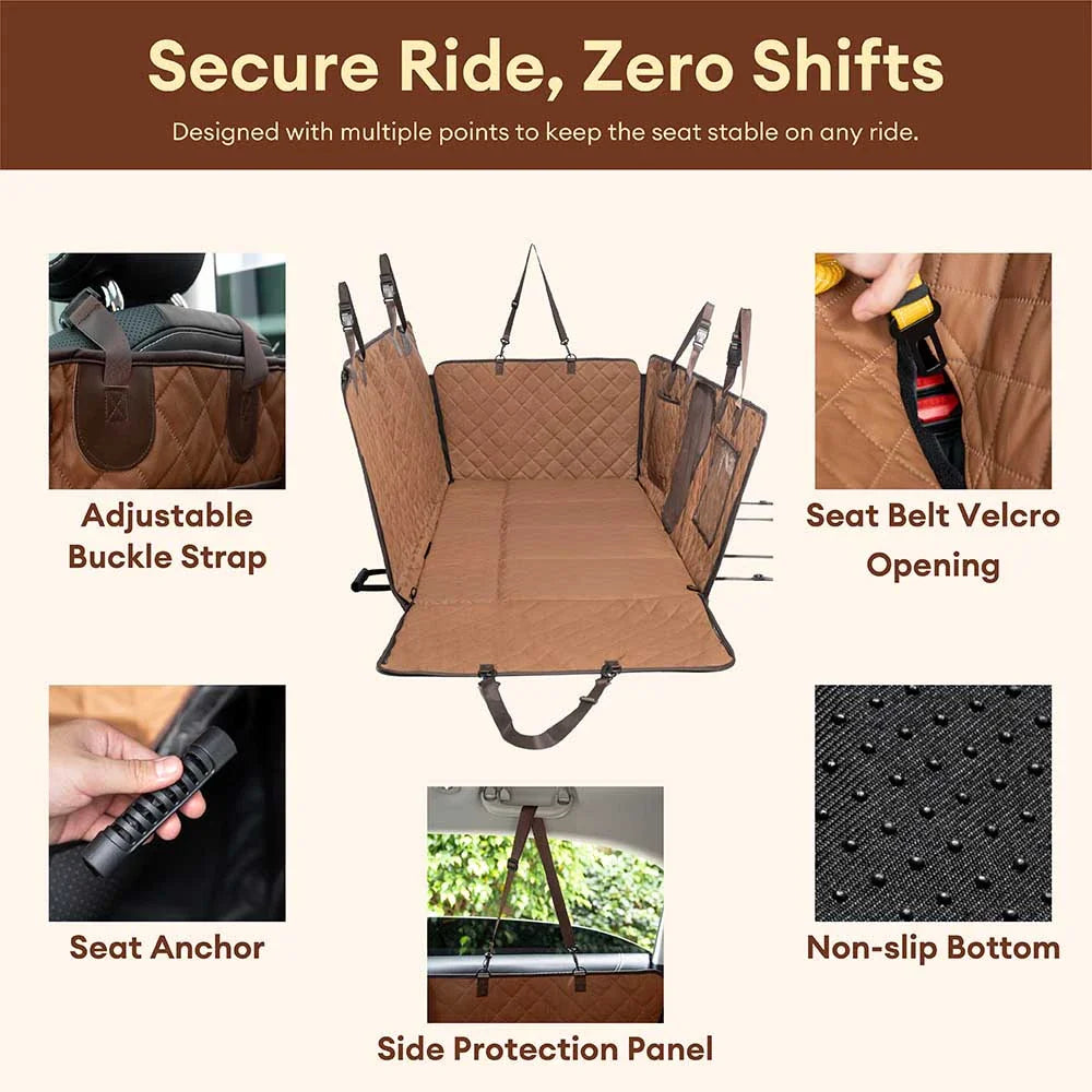 Dog car travel hammock, durable faux leather, keeps car clean from pet messes.