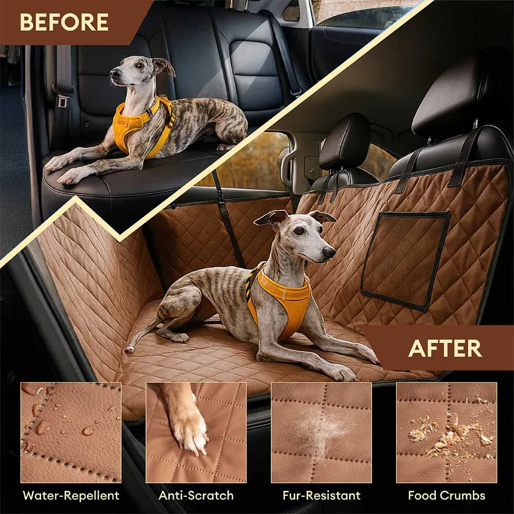 Faux leather pet seat cover, water-resistant design for canine comfort and car protection.