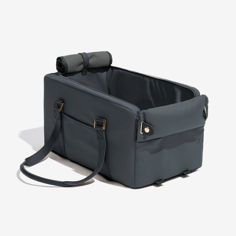 Small dog or cat carrier car seat, faux leather, designed for center console travel accessory.