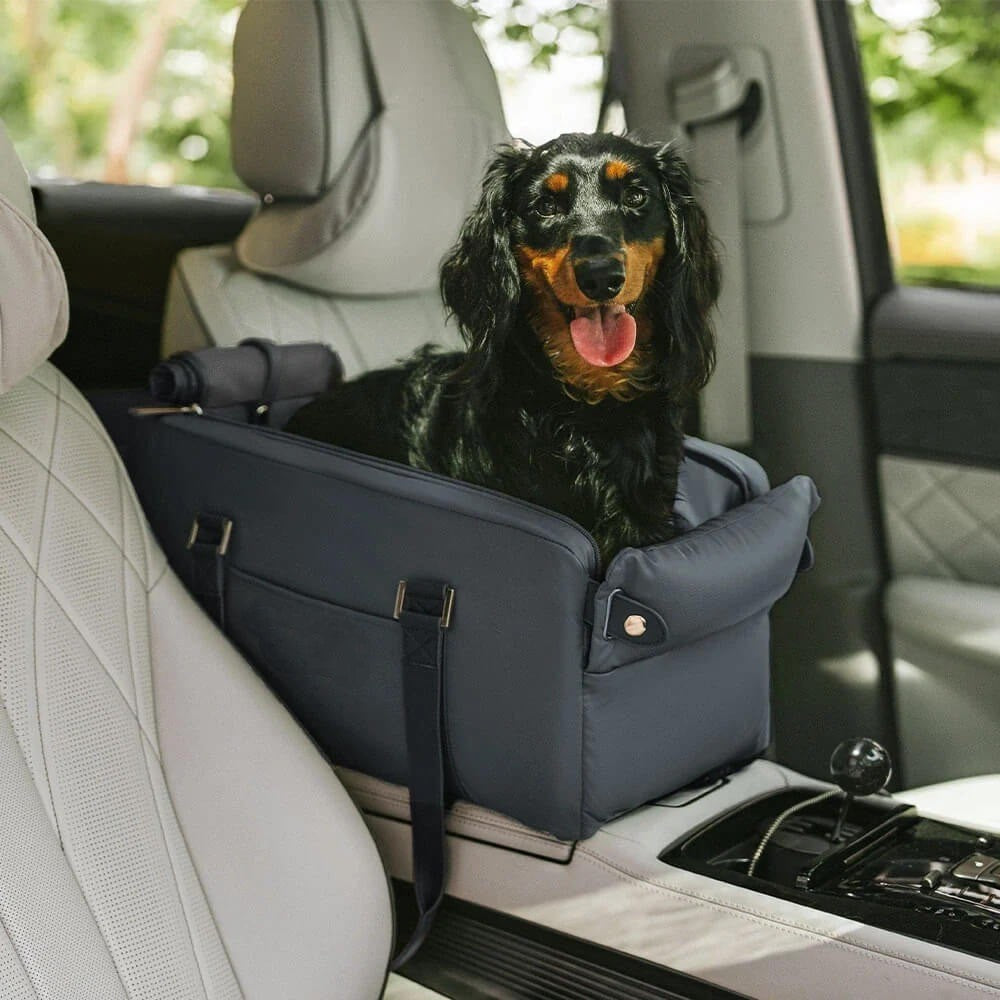 Center console pet car seat for small dog or cat travel, durable faux leather for secure pet comfort.