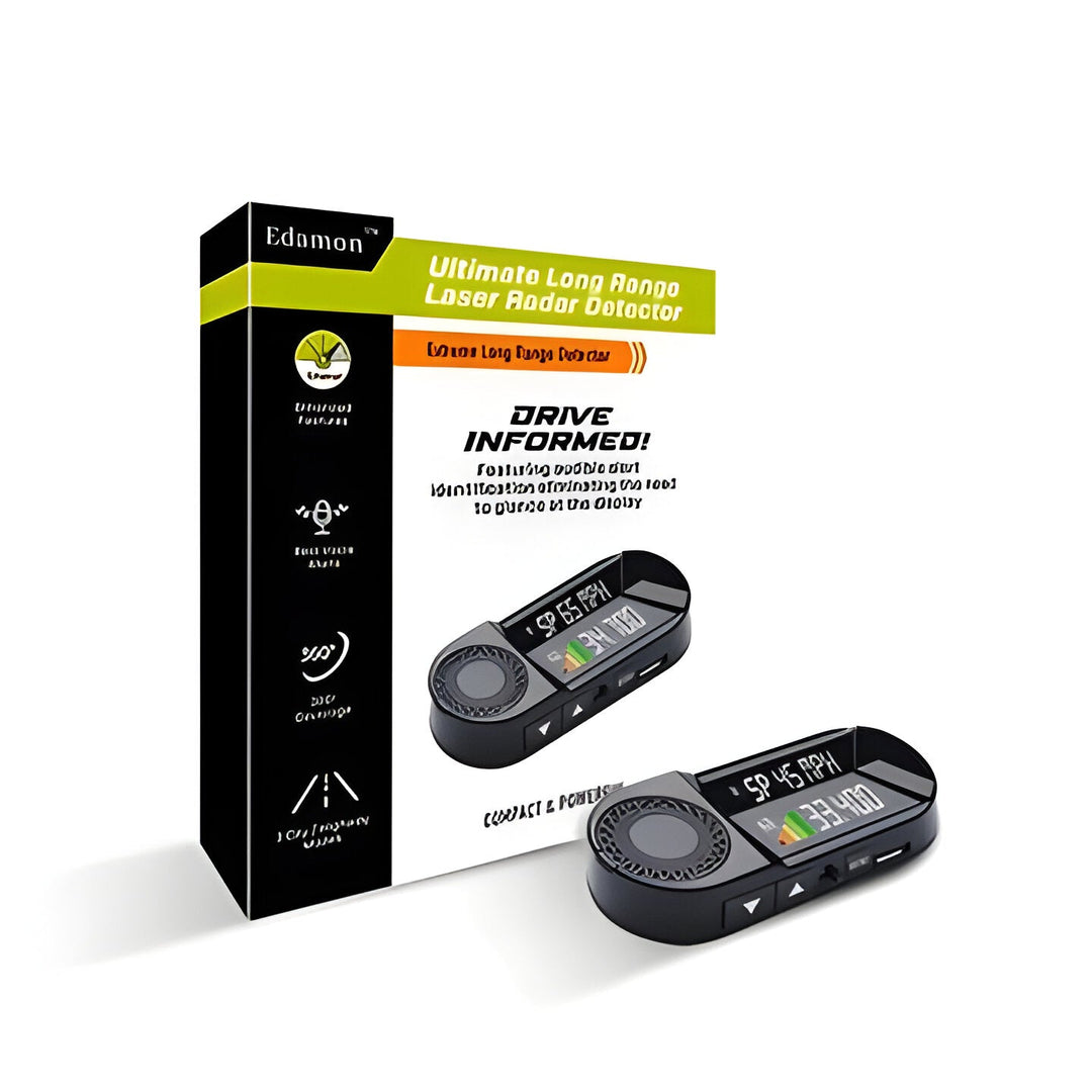 Unisex laser radar detector for vehicles, ensuring road safety by detecting speed traps and providing collision warnings.