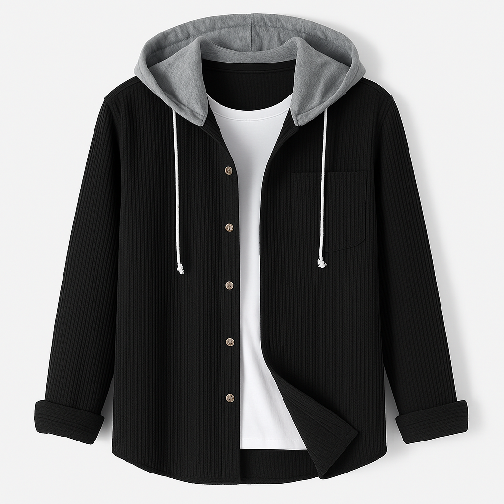 Unisex Brooklyn hooded jacket, featuring unique texture & button front. Perfect for stylish, comfortable outerwear.