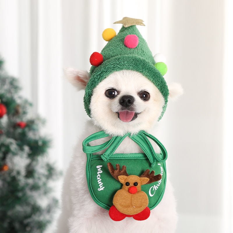 Christmas dog pet costume: includes a red bathing hat and a holiday-themed bib for pets.