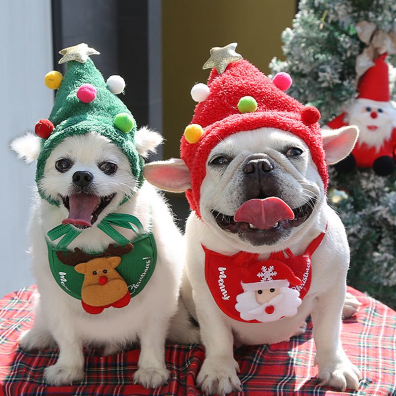 Red and white dog Christmas hat and bib set, ideal pet costume for holiday celebrations.