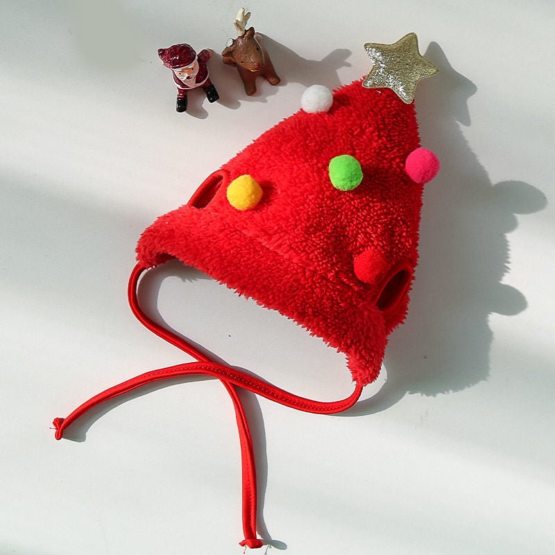 Dog aRed Dog Christmas bathing cap and matching bib with festive pattern for pet costume fun.
