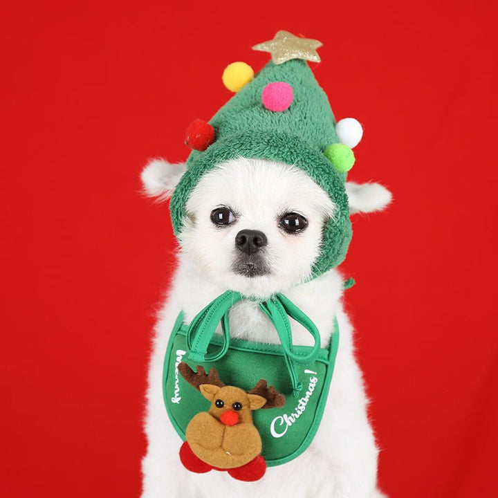 Holiday pet apparel: Christmas dog hat and bib set for grooming or festive pet photography.